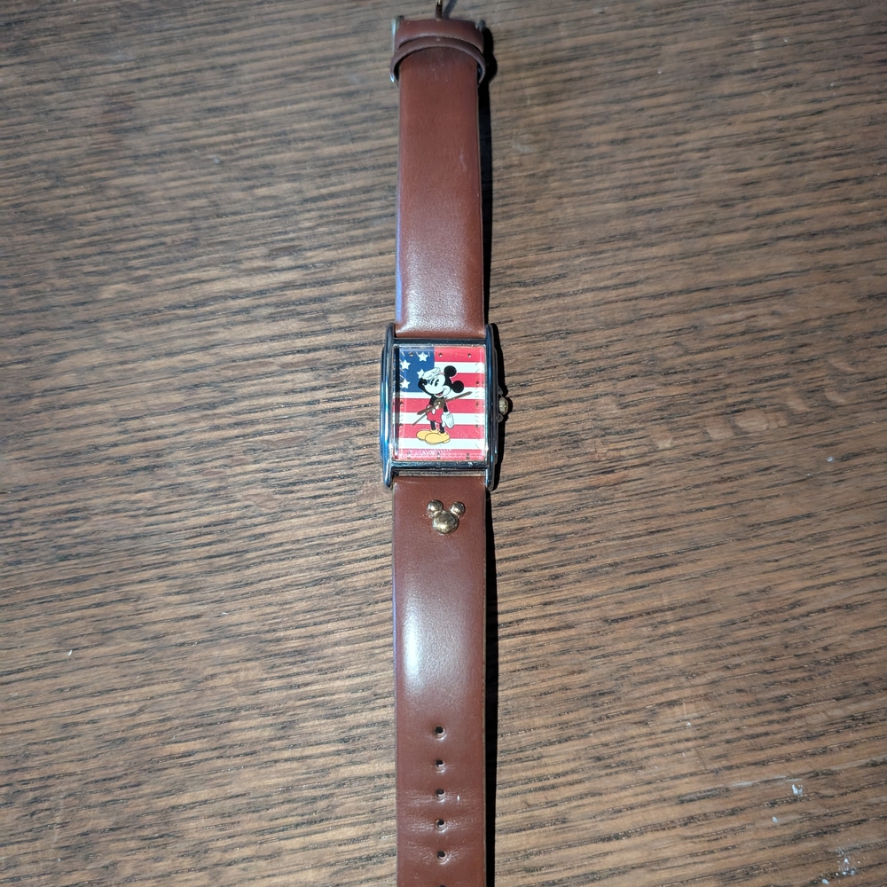 Brown Leather Watch with Mickey Mouse Dial